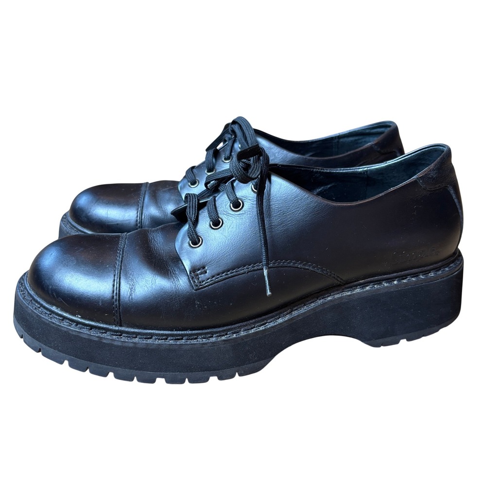 Simple Black Leather Platform Oxford Chunky Cap Toe Lace Up Shoes Size 10